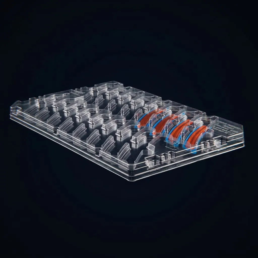 Automotive Tray PET transparent befüllt Kfz-Teile – Scafa Thermoforming