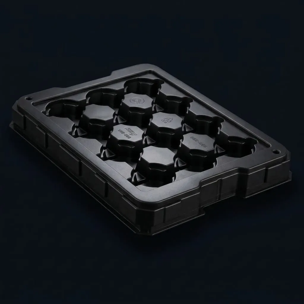 Mehrwegtray schwarz tiefgezogen mit Kavitäten — Scafa Thermoforming