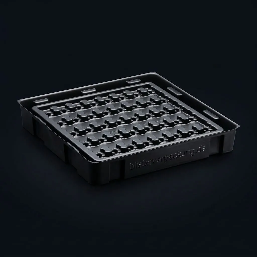 Transport packaging plastic tray black stackable — Scafa Thermoforming