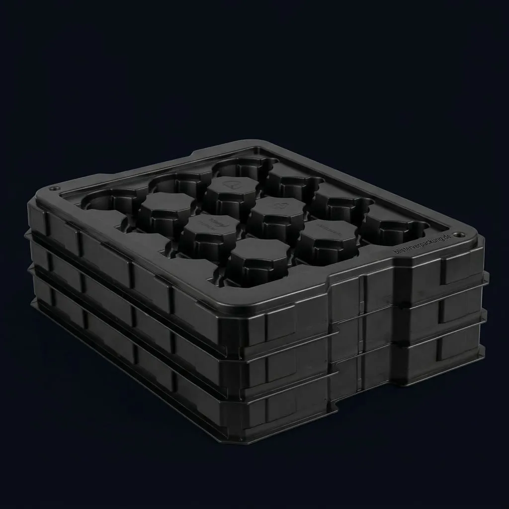 Trayserver-Tray schwarz stapelbar für Automatisierung — Scafa Thermoforming